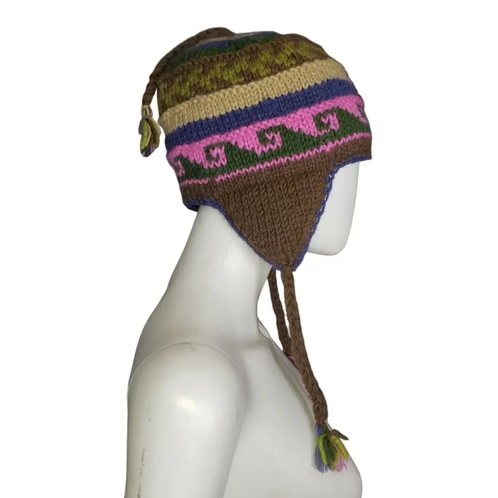 Multicolor Wool Winter Trapper Hat with Braided Tassles Unisex Made In Nepal